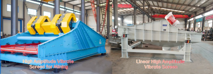 The left side shows a high amplitude vibrate screen for mining, and the right side shows a linear high amplitude vibrate screen.
