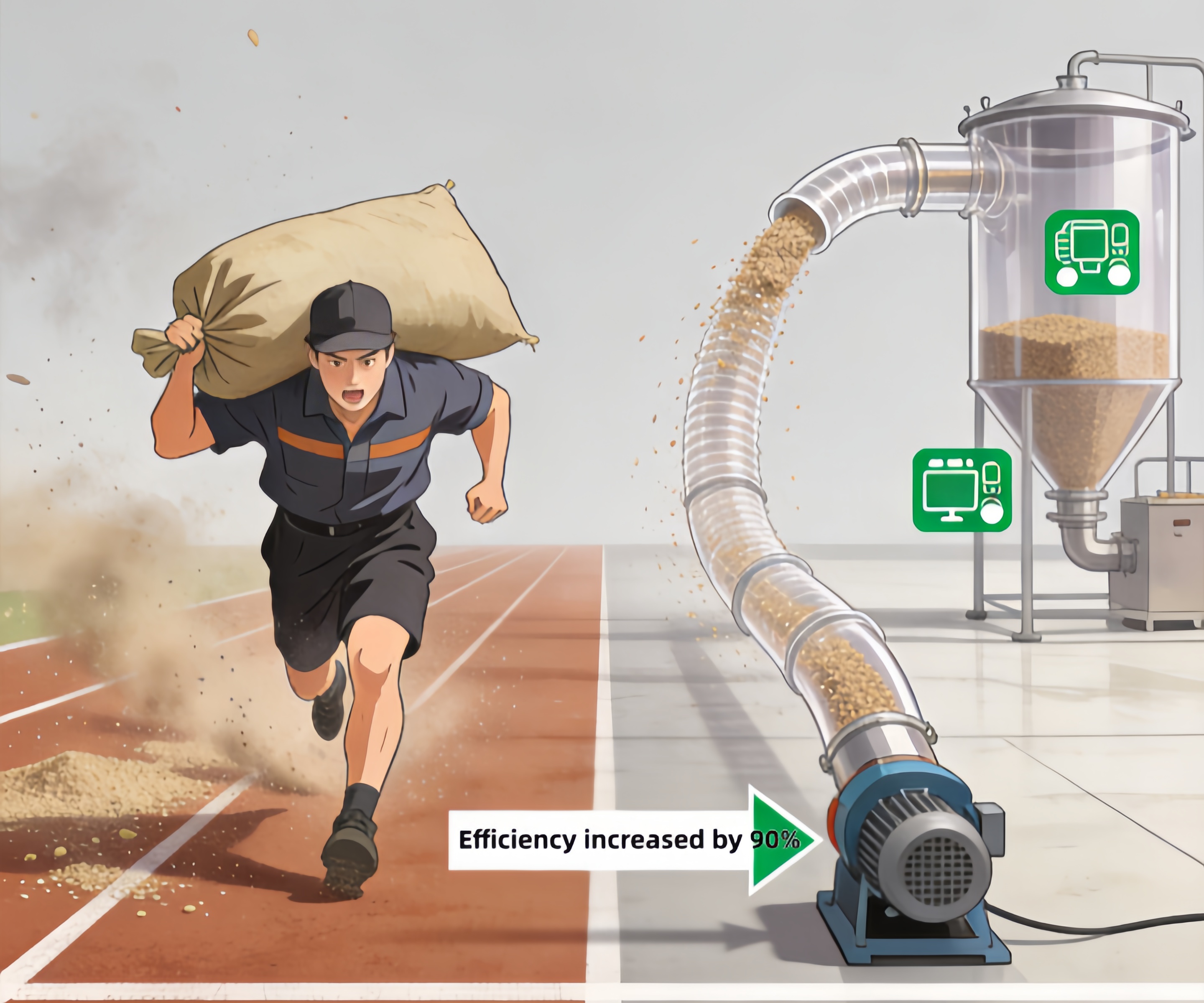 Vacuum loader vs manual grain transportation efficiency comparison, industrial vacuum feeding machine increase productivity by 90%