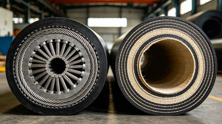 Comparison of steel cord, fabric ply, and chevron conveyor belts for iron ore transport