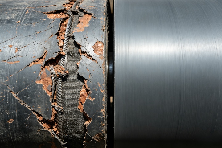 Abrasion damage on copper ore conveyor belt vs new belt