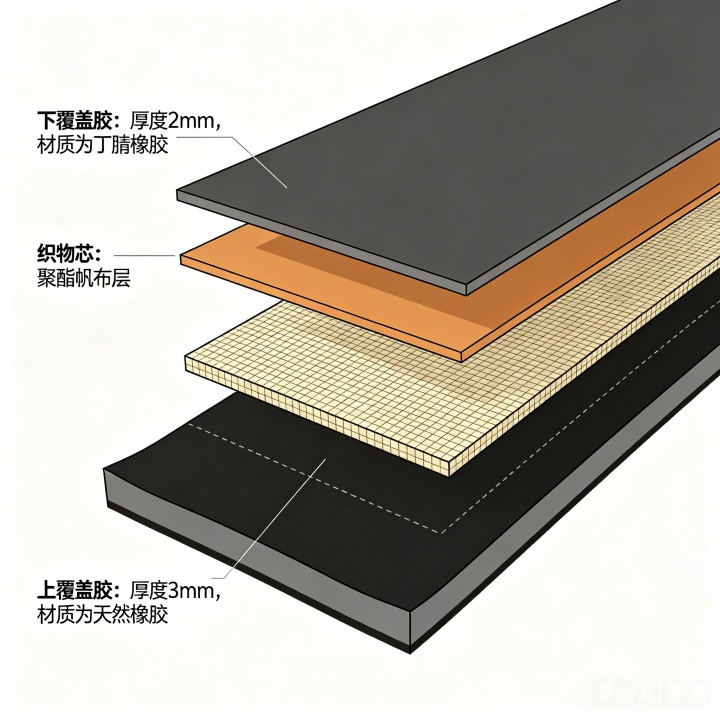 Copper ore belt conveyor cross section - abrasion resistant cover compound