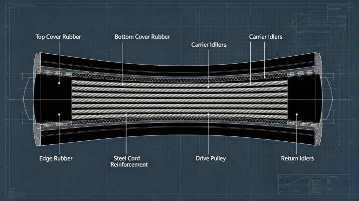 Steel cord conveyor belt cross-section diagram showing high-tensile wire rope construction for heavy-duty nickel ore mining applications
