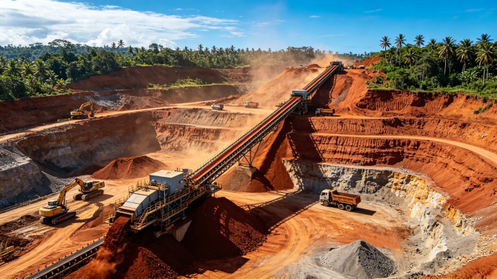 High-capacity nickel ore belt conveyor system transporting laterite ore at an open-pit mining site in Indonesia, heavy-duty mining conveyor equipment