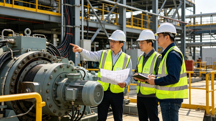 Professional mining conveyor engineering team inspecting heavy-duty belt system at nickel ore processing plant in Southeast Asia