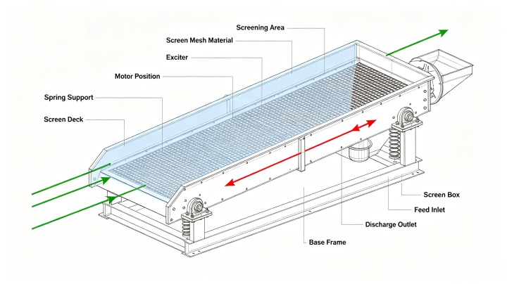 Annotated diagram of heavy duty vibrating screen with key components labeled