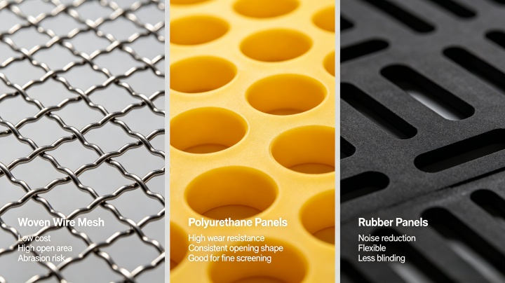 close-up comparison of woven wire, polyurethane and rubber screen media for vibrating screens