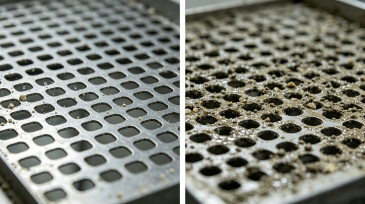 Comparison of clean screen openings versus screen blinding and pegging on mining vibrating screen