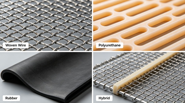 Four types of screen media for mining vibrating screens: woven wire, polyurethane, rubber, and hybrid
