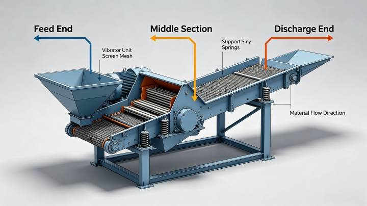 Diagram showing the three phases of screening: layered, basic, and sharp phase on a vibrating screen deck