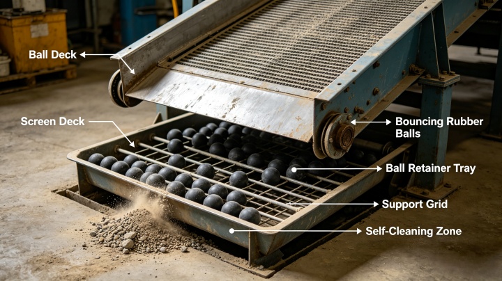 Ball deck anti-blinding system used to prevent pegging on mining vibrating screens