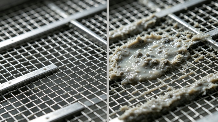 Food-grade vibrating screen in a flour milling facility experiencing screen blinding issues before our anti-clogging solution intervention