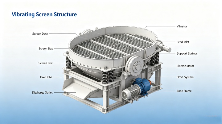 Exploded view of high capacity vibrating screen showing deck, exciter, and screen box components