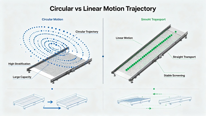 Circular versus linear motion trajectory comparison on high capacity vibrating screen for different materials