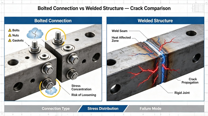 Fully bolted versus welded side plate construction on high capacity vibrating screen showing crack-free design