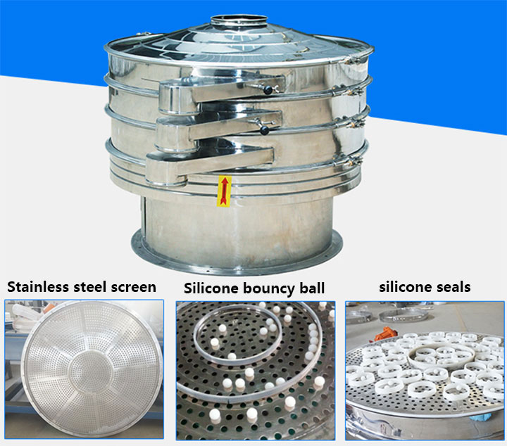 Components of a circular vibrating screen, including screen mesh, bouncing balls, and screen frame.