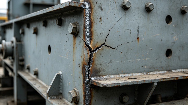 Cracked side plate on vibrating screen frame caused by uneven spring supports