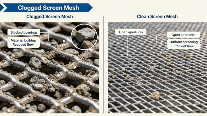 Clogged vibrating screen mesh vs clean screen surface showing blinding effect