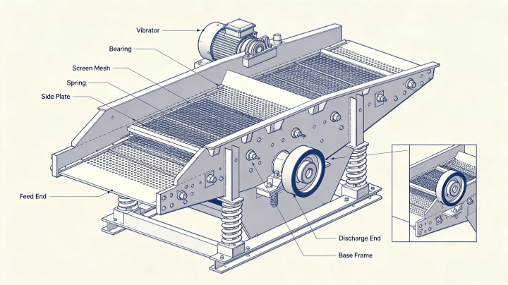 Vibrating screen parts diagram showing exciter, screen media, springs, bearings and side plates