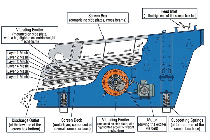 Circular vibrating screen structural diagram showing material flow and eccentric exciter mechanism