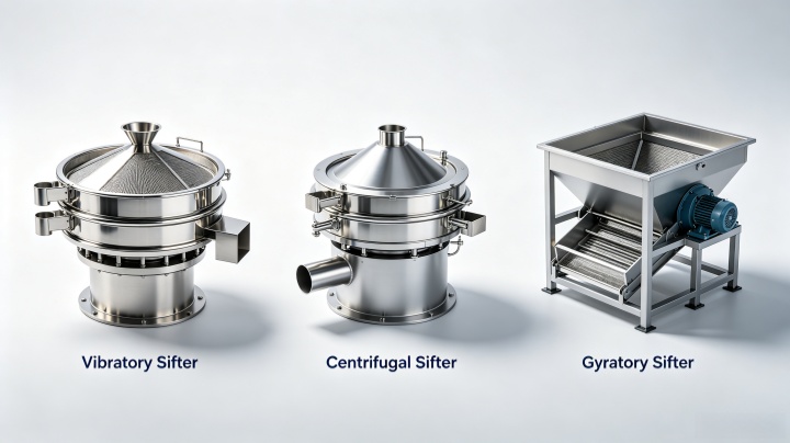 Comparison of three main industrial sifter types: vibratory sifter, centrifugal sifter, and gyratory sifter side by side for B2B buyer selection guide
