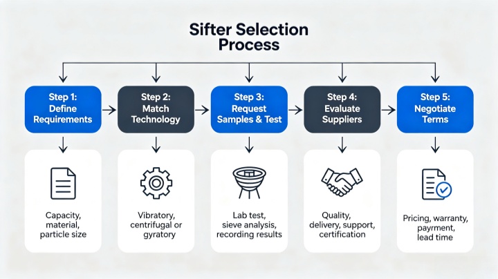 Step-by-step industrial sifter selection flowchart showing five steps: define requirements, match technology, test samples, evaluate suppliers, and negotiate terms