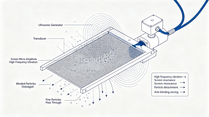 Ultrasonic deblinding system for industrial sifter showing high-frequency vibration preventing mesh clogging and screen blinding in fine powder screening