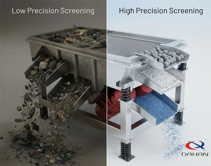 A technical comparison diagram between low precision and high precision screening using a linear vibrating screen to demonstrate product purity.