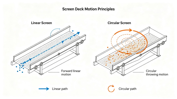 Material motion path on linear vibrating screen deck