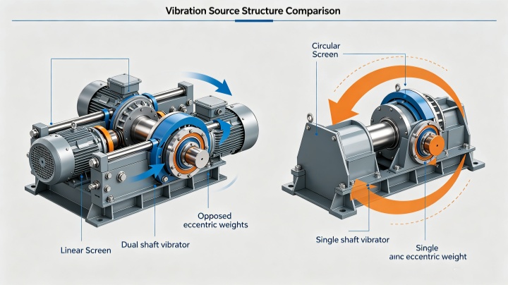 Twin-motor exciter on linear vibrating screen vs single-shaft exciter on circular screen