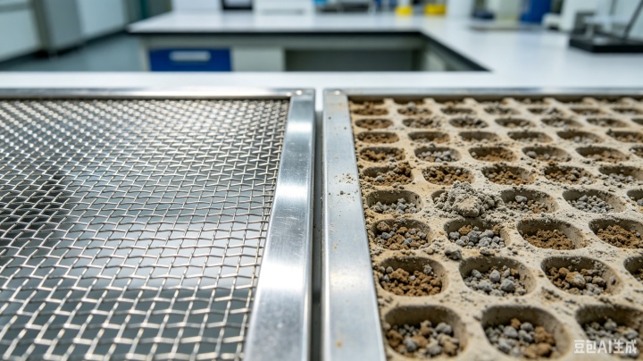 Close-up comparison of clean screen mesh vs clogged screen with particle blinding in industrial screening machine