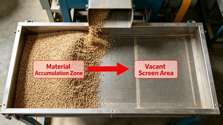 Uneven material distribution on vibrating screen surface causing low screening efficiency