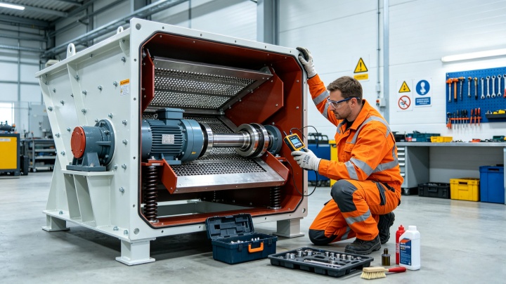 Technician performing preventive maintenance inspection on industrial screening equipment