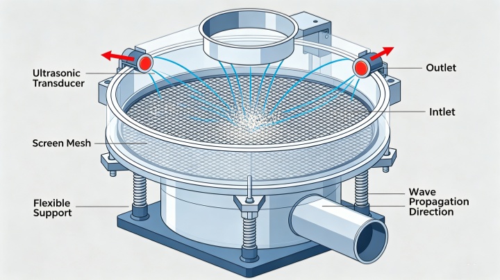 Ultrasonic vibrating screen system with transducer for preventing screen blinding in ultra-fine powder sieving down to 500 mesh