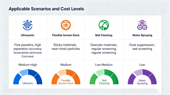 Comparison chart of vibrating classifier anti-clogging solutions ultrasonic system versus elastic screen surface bouncing balls and spray