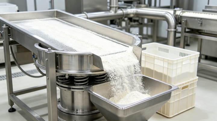 Vibrating classifier equipment operating in industrial powder processing plant for high-efficiency screening and classification