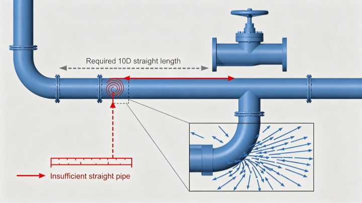 Improper inlet piping with insufficient straight-run length causes turbulence and poor separation efficiency