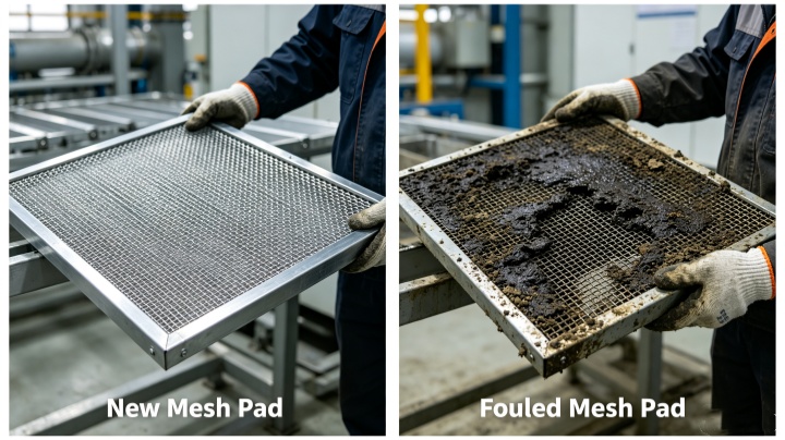 Fouled and overloaded mist extractor mesh pad – replacing removed mesh prevents liquid carryover