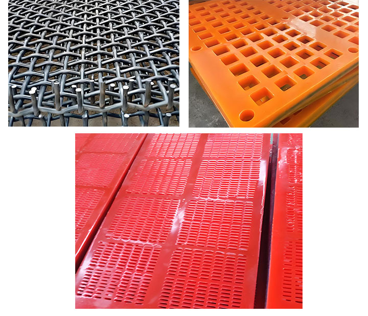 Selection of Dahan vibrating screen media including high-tensile steel wire, polyurethane, and rubber panels for diverse aggregate processing.