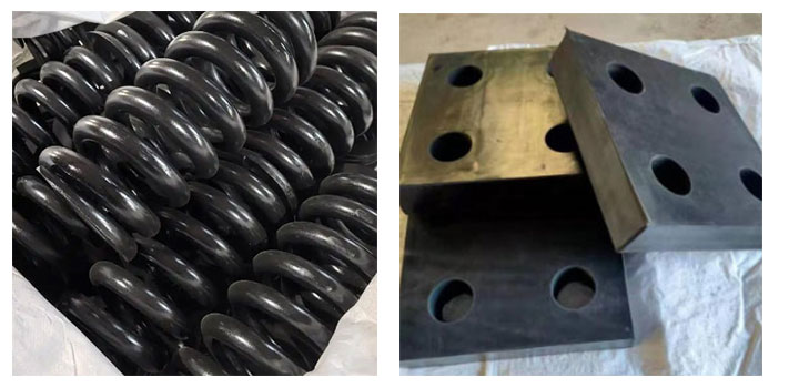 Heavy-duty coil springs and rubber buffers for Dahan circular vibrating screen vibration isolation systems.