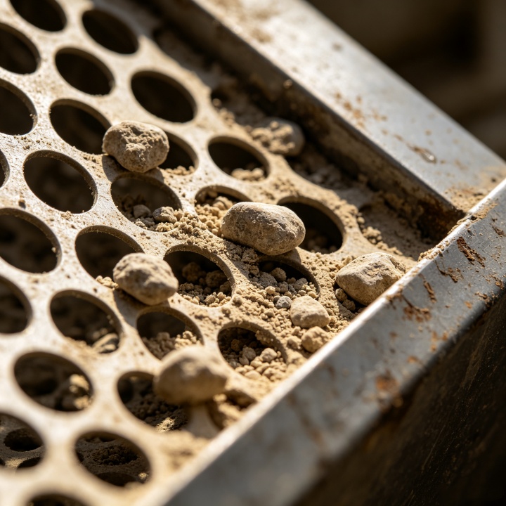 Close-up of powder sieve mesh showing near-size particles lodged in apertures causing screen blinding