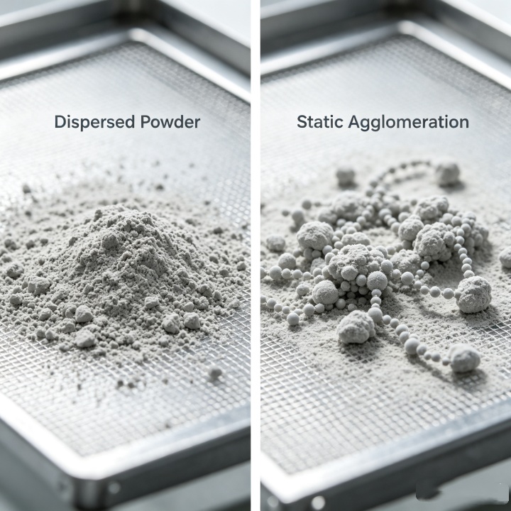 Fine powder agglomerates caused by electrostatic charge on sieve mesh