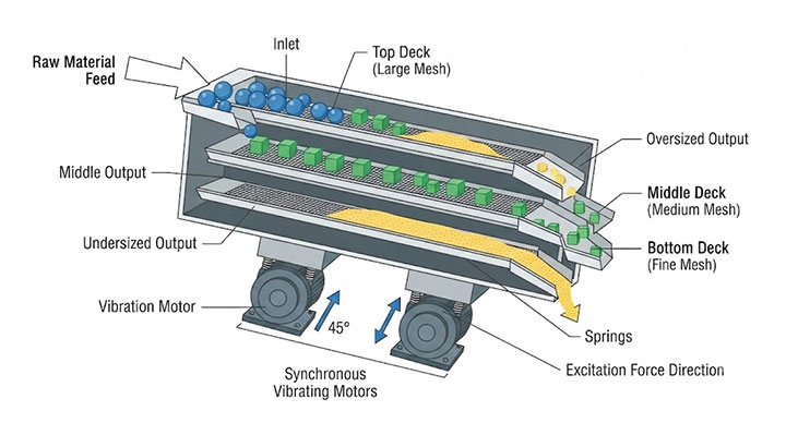 Technical diagram illustrating the working principle of a multi-deck linear vibrating screen, showing particle stratification, mesh separation layers, and synchronous vibrating motors.