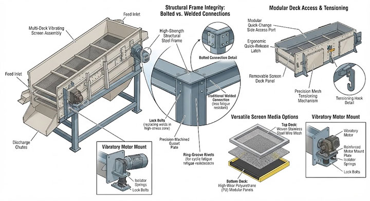 Technical engineering diagram of a multi-deck vibrating screen showing structural frame integrity, bolt connections, modular quick-change access ports, and versatile screen media options.