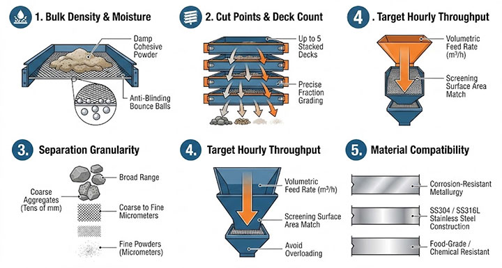 Industrial infographic illustrating key selection factors for a multi-deck vibrating screen, including bulk density, deck count, separation granularity, throughput, and stainless steel material compatibility.