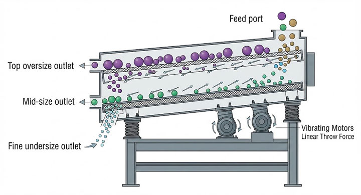 Technical cross-section diagram showing the working principle and multi-stage classification process of a double deck linear vibrating screen.