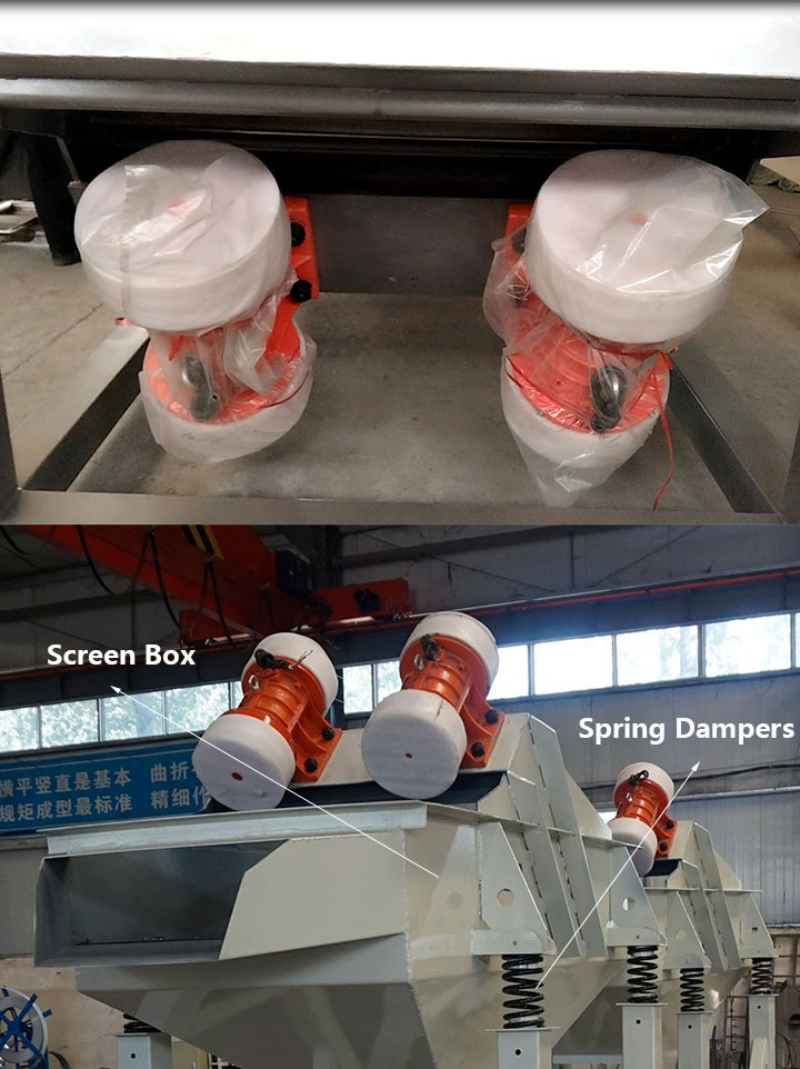 Side-by-side comparison of top-mounted vs. bottom-mounted vibrating motors on an industrial linear screen.