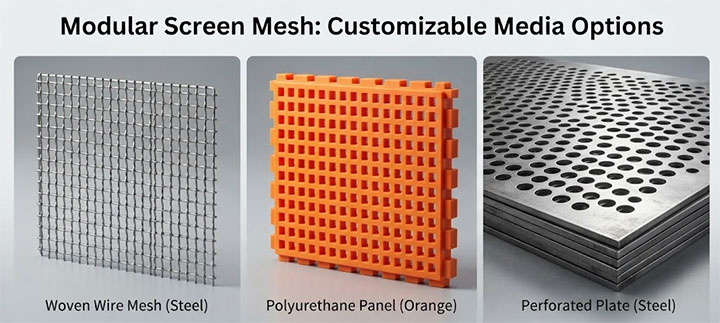 A side-by-side comparison of three types of modular vibrating screen mesh: woven wire, orange polyurethane panel, and perforated steel plate, used for industrial material separation.