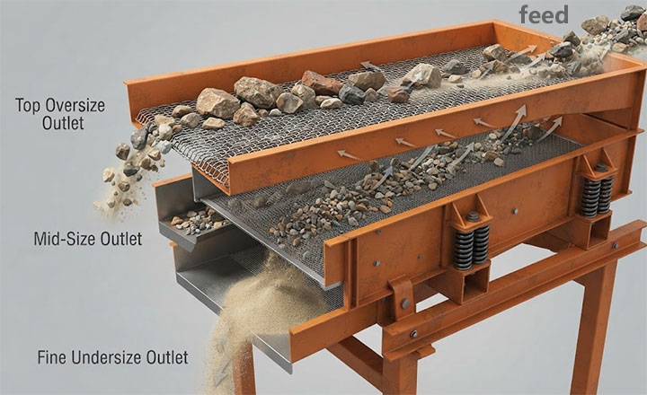 Technical cutaway diagram of a double-deck linear vibrating screen, illustrating the multi-stage separation process of bulk materials into coarse, mid-size, and fine fractions via different mesh decks.