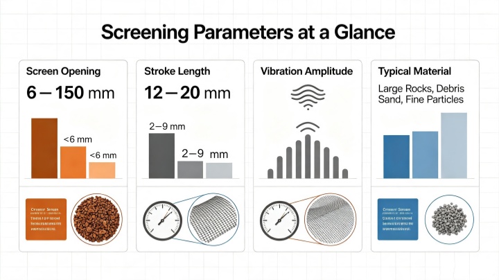 Fine screening vs coarse screening technical parameters comparison chart including opening size stroke length and operating speed