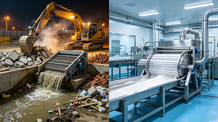 Coarse screening for construction debris removal vs fine screening for chemical powder classification in industrial processing